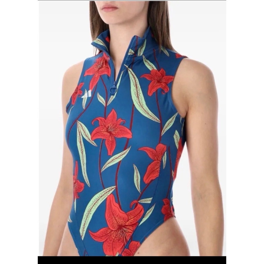 Adidas Farm Rio thong Bodysuit Medium Blue red Floral Sleeveless Mock Neck Zip
